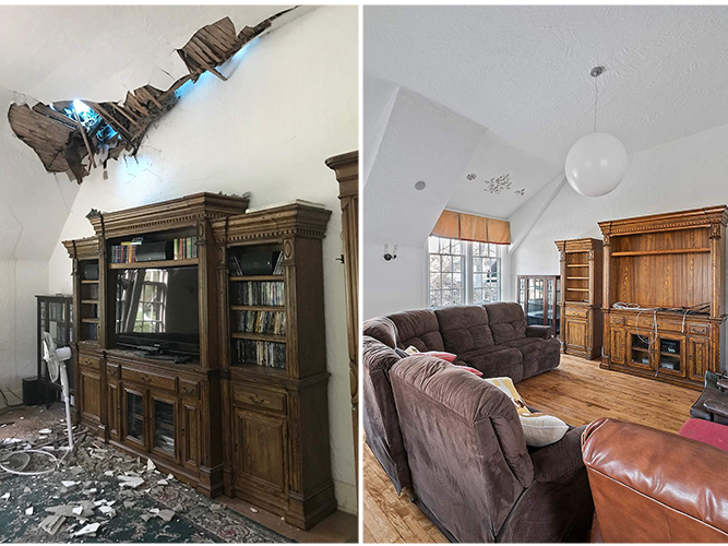 A before and after shot of a living room with severe storm damage in the ceiling. The ceiling is damage-free after restoration by Keselman Group