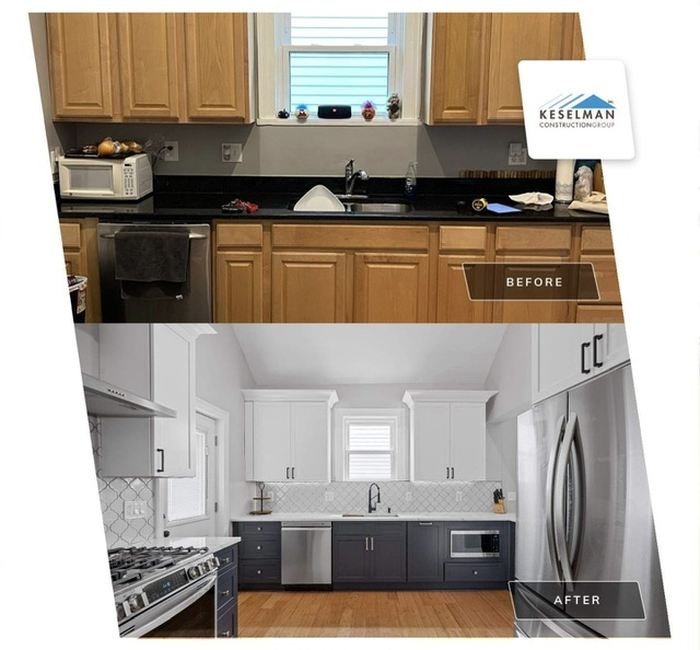A before and after picture of a kitchen, highlighting the difference that lighter cabinetry and sleek, modern design can make