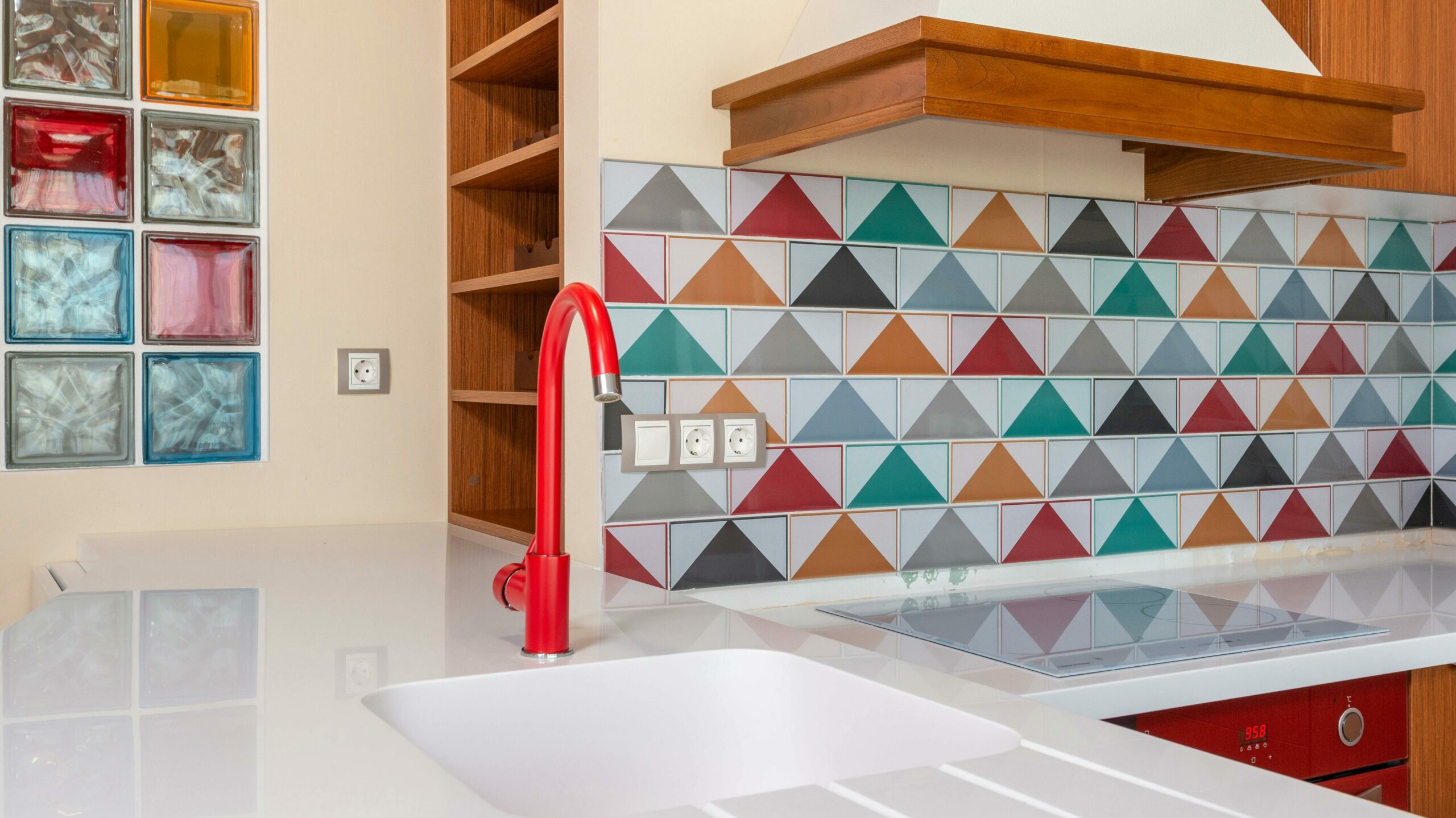 A colorful geometric kitchen backsplash