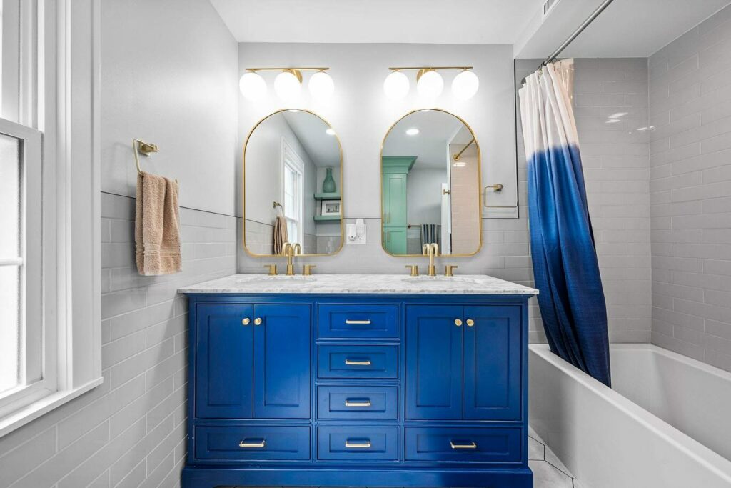 bathroom remodeling blue cabinet Keselman Construction Shaker Heights