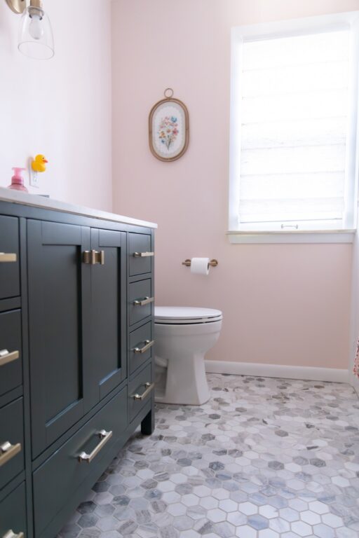 kcg bathroom remodel green vanity and hexagon floor shaker heights oh 44 - Keselman Construction Group Inc