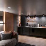 kcg pepper pike oh basement remodel wet bar ambient evening lighting - Keselman Construction Group Inc